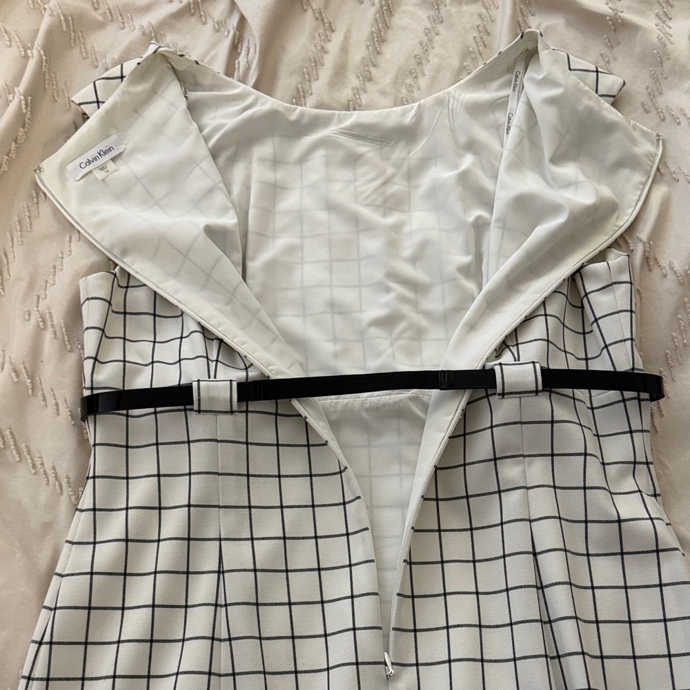 Cream and Black Checkered Calvin Klein Dress with Belt - Picture 6 of 7